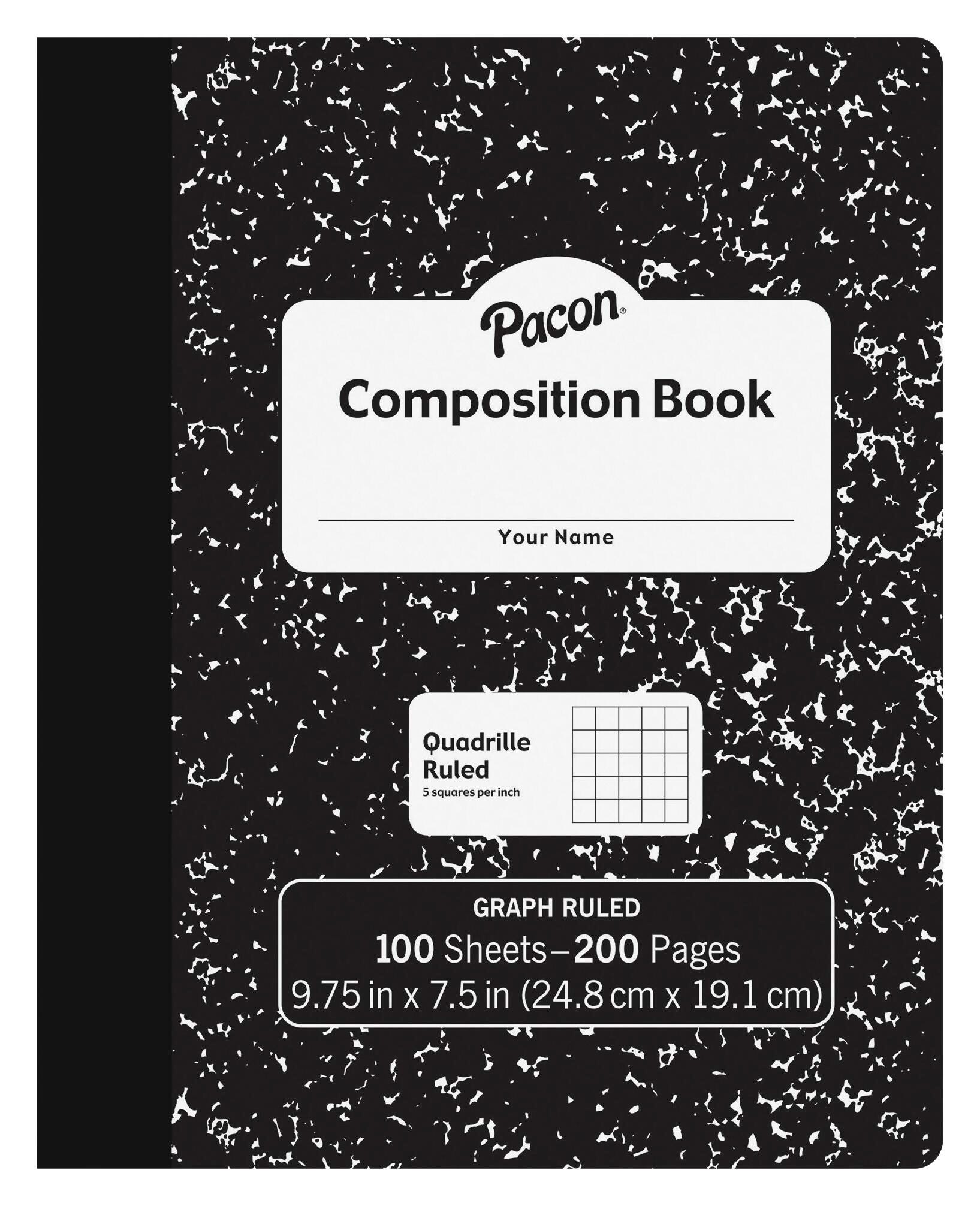 Pacon Marble Hard Cover Quad Rule Composition Book, 100 Sheets, Black, Item Number 1603757